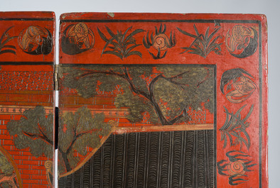 Paravent &agrave; 4 panneaux en laque polychrome, Chine, 19&egrave;me/20&egrave;me si&egrave;cle