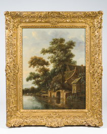 Cornelis Gerritsz. Decker (1615-1678, attribu&eacute; &agrave;): Paysage fluvial anim&eacute; avec une ferme sur la rive, huile sur toile, 17&egrave;me si&egrave;cle