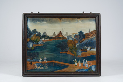 Ecole chinoise: Paysage lacustre anim&eacute; aux figures, &eacute;glomis&eacute;, 19&egrave;me/20&egrave;me si&egrave;cle