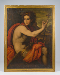 &Eacute;cole italienne, suiveur de Sebastiano del Piombo (1485-1547): Jean-Baptiste dans le d&eacute;sert, huile sur toile, 18&egrave;me si&egrave;cle