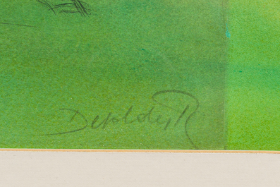 Roland Devolder (1938): Les jockeys, eau-forte rehauss&eacute;e d'aquarelle sur papier