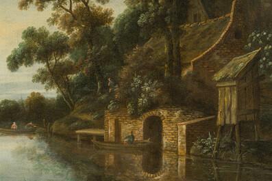 Cornelis Gerritsz. Decker (1615-1678, attribu&eacute; &agrave;): Paysage fluvial anim&eacute; avec une ferme sur la rive, huile sur toile, 17&egrave;me si&egrave;cle