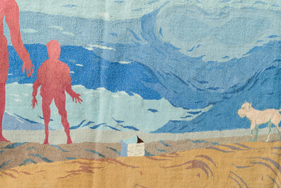 Jos&eacute; Vermeersch (1922-1997): Tapisserie murale except. &agrave; d&eacute;cor des figures et un chien sur la plage, laine tuft&eacute;e &agrave; la main, &eacute;d. 1/1, dat&eacute; (19)91