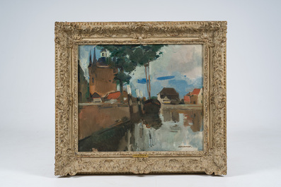 Isidore Opsomer (1878-1967): Vue d'un canal avec une rang&eacute;e de maisons, huile sur toile