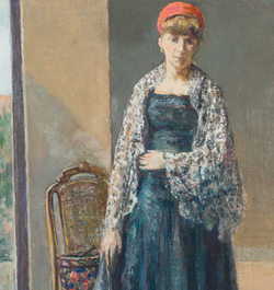 Ecole belge: Portrait d'une dame dans un int&eacute;rieur, huile sur board