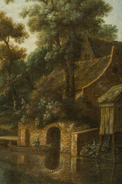 Cornelis Gerritsz. Decker (1615-1678, attribu&eacute; &agrave;): Paysage fluvial anim&eacute; avec une ferme sur la rive, huile sur toile, 17&egrave;me si&egrave;cle