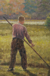 &Eacute;cole belge: Paysage avec ouvriers aux champs, huile sur toile, 20&egrave;me si&egrave;cle