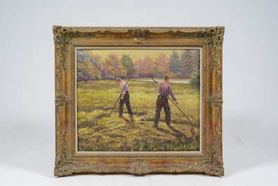 &Eacute;cole belge: Paysage avec ouvriers aux champs, huile sur toile, 20&egrave;me si&egrave;cle