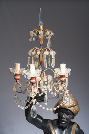 Grande paire de torch&egrave;res dites 'Aux Maures' &agrave; cinq lumi&egrave;res en bois sculpt&eacute; et polychrom&eacute;, Italie, Venise, vers 1900