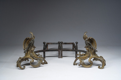 Paire de chenets de style Louis XV en bronze dor&eacute; et patin&eacute; &agrave; d&eacute;cor de perroquet &agrave; la mani&egrave;re de Jacques Caffieri (1678-1755), France, vers 1900