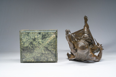 Emile Louis Picault (1833-1915): 'Ad lumen', bronze &agrave; patine brune sur socle en vert de mer, marque de fonderie 'E. Colin &amp; Cie Paris'