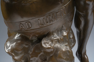 Emile Louis Picault (1833-1915): 'Ad lumen', bronze &agrave; patine brune sur socle en vert de mer, marque de fonderie 'E. Colin &amp; Cie Paris'
