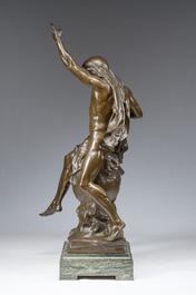 Emile Louis Picault (1833-1915): 'Ad lumen', bronze &agrave; patine brune sur socle en vert de mer, marque de fonderie 'E. Colin &amp; Cie Paris'