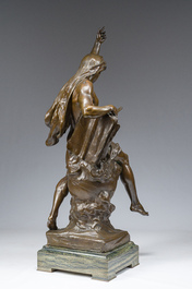 Emile Louis Picault (1833-1915): 'Ad lumen', bronze &agrave; patine brune sur socle en vert de mer, marque de fonderie 'E. Colin &amp; Cie Paris'