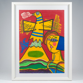 Guillaume Corneille van Beverloo (Corneille, 1922-2010): 'Le grand oiseau au dessus du mont Fuji', kleurenlithografie, ed. E.A. 11/25, (1989)