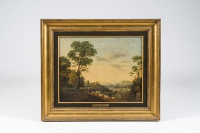 &Eacute;cole allemande: Un berger et son troupeau dans un paysage, huile sur toile, 18&egrave;me si&egrave;cle