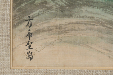 Mon van Genechten (Fang Hsi Sheng, Geel, 1903-1974): Paysage anim&eacute; avec une cascade, encre et couleurs sur soie