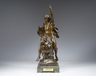 Emile Louis Picault (1833-1915): 'Ad lumen', bronze &agrave; patine brune sur socle en vert de mer, marque de fonderie 'E. Colin &amp; Cie Paris'