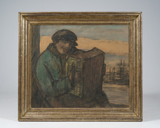 Eugeen Van Mieghem (1875-1930): Le joueur d'accord&eacute;on au port d'Anvers, fusain et pastel sur papier