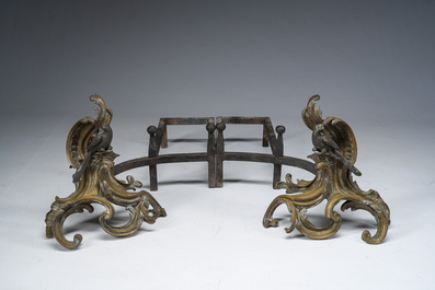 Paire de chenets de style Louis XV en bronze dor&eacute; et patin&eacute; &agrave; d&eacute;cor de perroquet &agrave; la mani&egrave;re de Jacques Caffieri (1678-1755), France, vers 1900