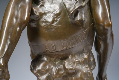 Emile Louis Picault (1833-1915): 'Ad lumen', bronze &agrave; patine brune sur socle en vert de mer, marque de fonderie 'E. Colin &amp; Cie Paris'