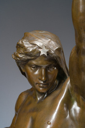 Emile Louis Picault (1833-1915): 'Ad lumen', bronze &agrave; patine brune sur socle en vert de mer, marque de fonderie 'E. Colin &amp; Cie Paris'