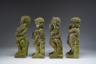 Quatre putti musiciens en pierre reconstitu&eacute;e, 20&egrave;me si&egrave;cle