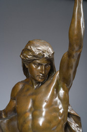 Emile Louis Picault (1833-1915): 'Ad lumen', bronze &agrave; patine brune sur socle en vert de mer, marque de fonderie 'E. Colin &amp; Cie Paris'