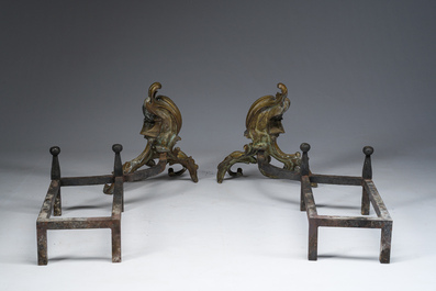 Paire de chenets de style Louis XV en bronze dor&eacute; et patin&eacute; &agrave; d&eacute;cor de perroquet &agrave; la mani&egrave;re de Jacques Caffieri (1678-1755), France, vers 1900