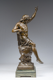 Emile Louis Picault (1833-1915): 'Ad lumen', bronze &agrave; patine brune sur socle en vert de mer, marque de fonderie 'E. Colin &amp; Cie Paris'