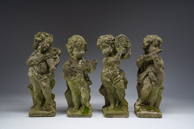 Quatre putti musiciens en pierre reconstitu&eacute;e, 20&egrave;me si&egrave;cle