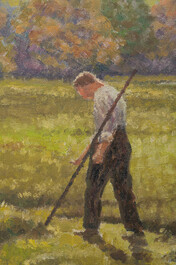 &Eacute;cole belge: Paysage avec ouvriers aux champs, huile sur toile, 20&egrave;me si&egrave;cle
