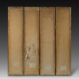 Quatre broderies verticales sur soie &agrave; d&eacute;cor d'oiseaux parmi des branches fleuries, Chine, 20&egrave;me si&egrave;cle