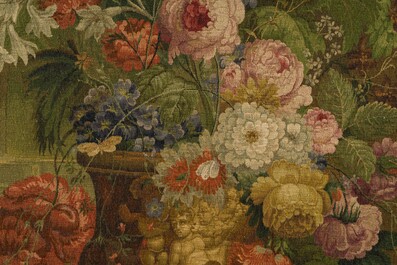 Tapisserie murale &agrave; d&eacute;cor de nature morte de fleurs &agrave; la mani&egrave;re de J.-B. Bosschaert, Koninklijke Manufactuur De Wit, Flandres, Malines, 20&egrave;me si&egrave;cle