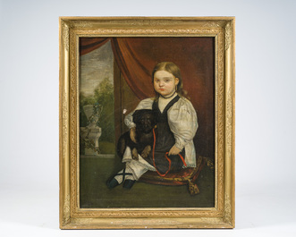 Ecole belge: Portrait d'une fillette et de son chien, huile sur toile, 19&egrave;me si&egrave;cle