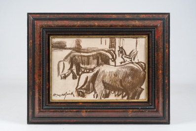 Hubert Malfait (1898-1971): Porcs et un coq, fusain brun sur papier