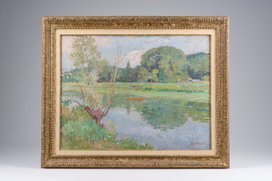 Albert Pinot (1875-1962): Paysage fluvial anim&eacute; d'une barque, huile sur toile