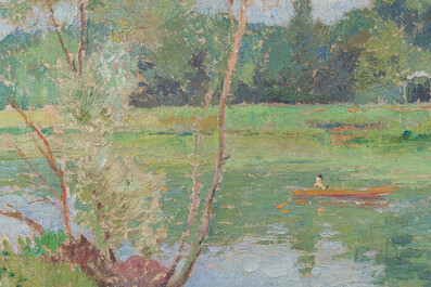 Albert Pinot (1875-1962): Paysage fluvial anim&eacute; d'une barque, huile sur toile