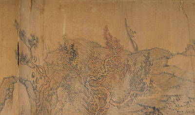 &Eacute;cole japonaise: Kakemono repr&eacute;sentant un paysage fluvial anim&eacute;, encre et couleurs sur papier, Edo, 18&egrave;me si&egrave;cle