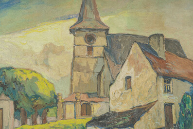 Paul Cauchie (1875-1952): Vue de village, techniques mixtes sur papier