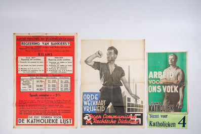 Sept affiches &eacute;lectorales du parti catholique, lith. J. Goyens, F. De Vos &amp; Cie, Frans Gils, Marci, etc., dat&eacute; 1936