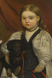 Ecole belge: Portrait d'une fillette et de son chien, huile sur toile, 19&egrave;me si&egrave;cle