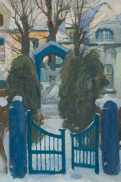 Isidore Opsomer (1878-1967): Le b&eacute;guinage de Lierre sous la neige, huile sur toile