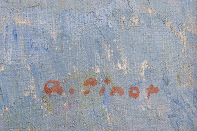 Albert Pinot (1875-1962): Paysage fluvial anim&eacute; d'une barque, huile sur toile