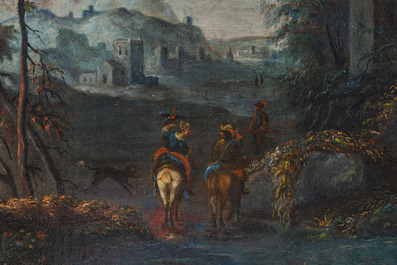 &Eacute;cole autrichienne: La chasse au faucon, huile sur toile, 18&egrave;me si&egrave;cle
