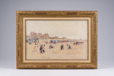 Frans Smeers (1873-1960, attribu&eacute; &agrave;): Repos dominical sur la plage &agrave; la Panne, huile sur toile