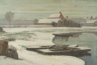 Evarist De Buck (1892-1974): 'Winter op de Leie', huile sur toile