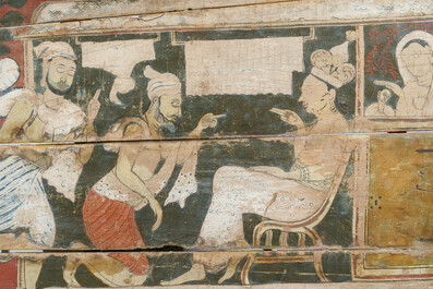Remarquable panneau mural en bois polychrome d&eacute;cor&eacute; &agrave; d&eacute;cor de hommage &agrave; Bouddha, Sri Lanka, 18&egrave;me/19&egrave;me si&egrave;cle