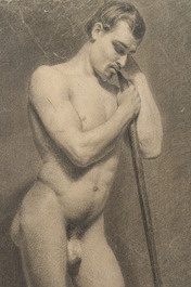 Ecole acad&eacute;mique: Etude de nu masculin, fusain sur papier coll&eacute; sur carton, 19&egrave;me si&egrave;cle