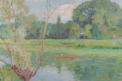 Albert Pinot (1875-1962): Paysage fluvial anim&eacute; d'une barque, huile sur toile